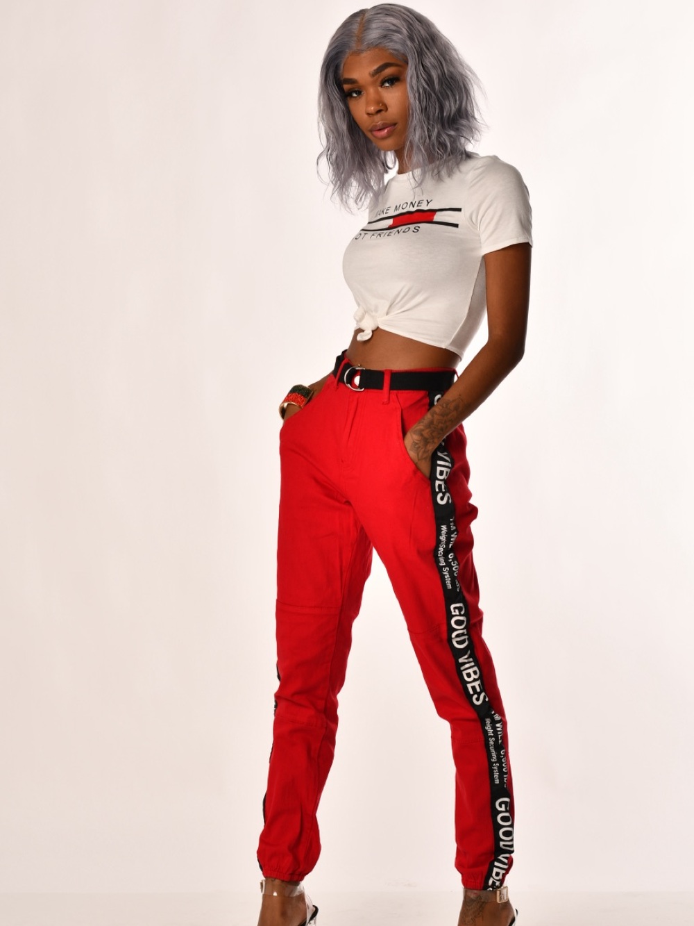Red Side-Stripe Good Vibes Jogger Pants - Women